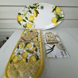 NEW 🍋 Michel Design Works Lemon Basil Melamine Oval Platter, Kitchen Towel & Double Oven Glove
