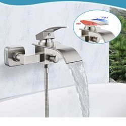 Wall Mount Bathtub Faucet with Handheld Spray Waterfall Tub Filler Single Handle Bathroom Tub Brushed Nickel C8 N $40