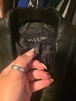 Baccini women’s black faux leather moto/biker jacket, size L