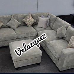✅️✅️4 pc Grey  cordury fabric upholstered sectional sofa with ottoman✅️