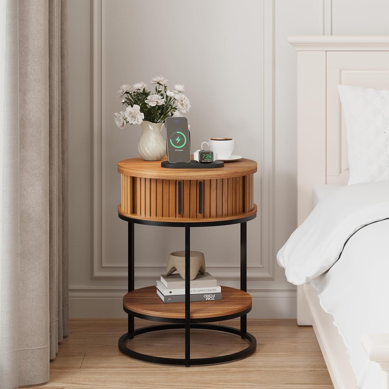  Small Round Side Table with Storage, 2-Tier Wooden End Table with Sliding Door and Shelf, Mid-Century Circle Nightstand for Living Room, Bedroom, Wal