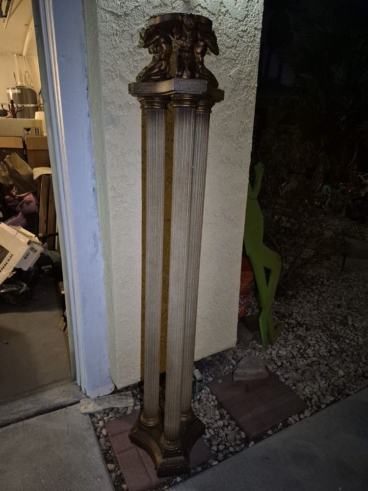 68" High Art Deco Influenced Neoclassical Torchiere Pillar Featuring 3 Ribbed Columns - Pretty Heavy Bronze Colored Metal Piece