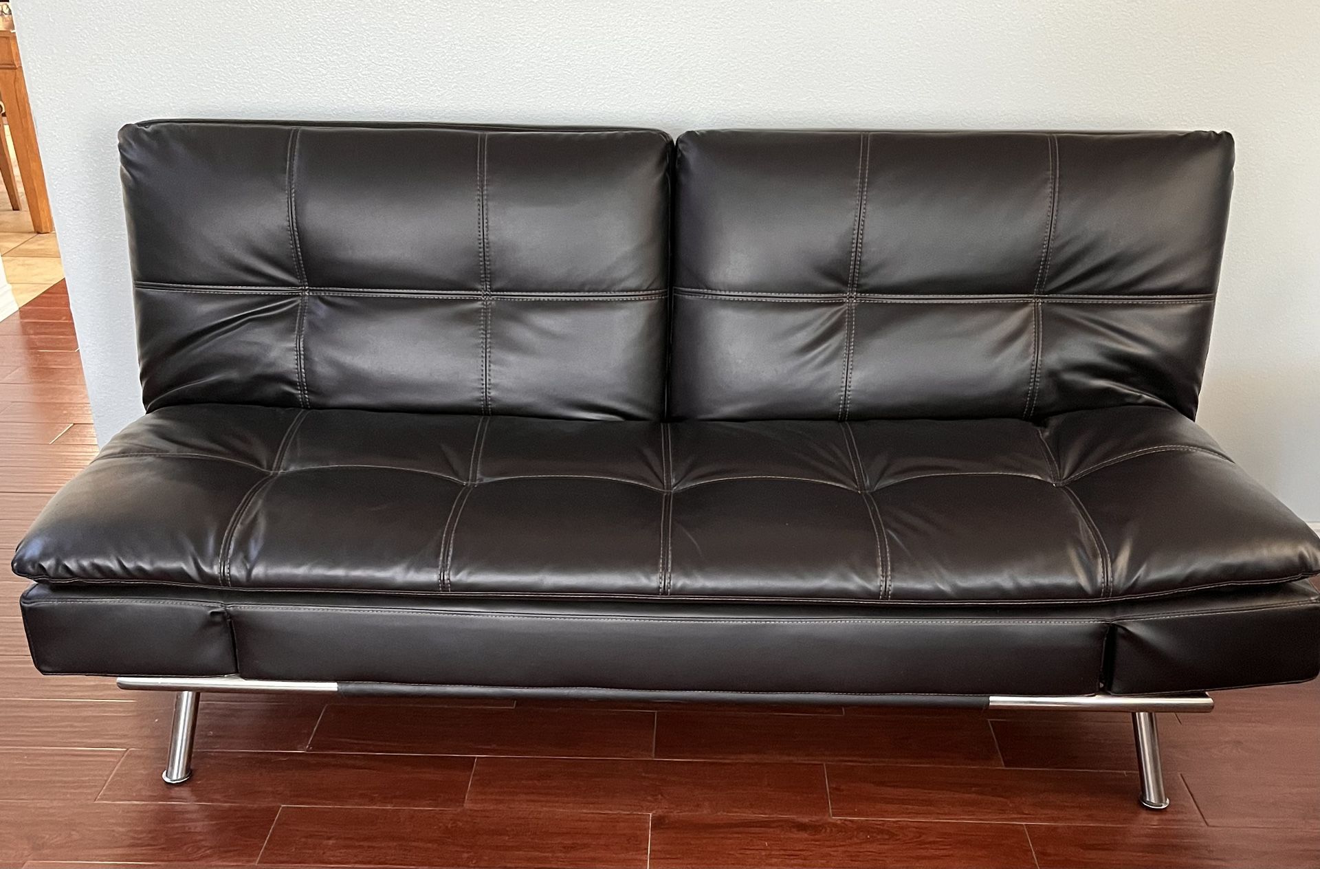SEBU Dark Brown Leather Futon Sofa Bed Couch With Split Back & Steel Legs