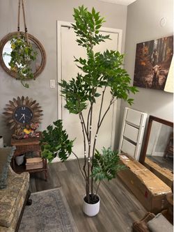 LONLAM-6.5 Ft artificial Sumac Tree Faux Mahonia with white pot