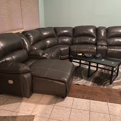 Genuine Leather Power Reclining Sectional With Adjustabe Headrest USB Port