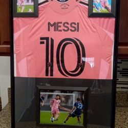 LIONEL MESSI #1 OF THE MIAMI INTERNACIONAL, CUSTOM BRANDED, AUTHENTIC FRAMED JERSEY SIGNED PHOTO,COA