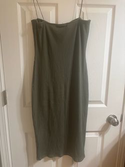 Olive Green Ribbed Cami Bodycon Midi Dress with Spaghetti Strapstt