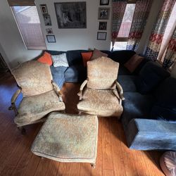 Two Wing Back Chairs with Ottoman 