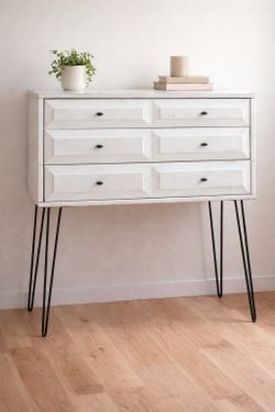 White Mid-Century Modern 6 Drawer Dresser w/ Hairpin Legs