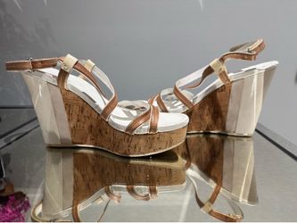 Prada White and Brown Cork Wedge Sandals, size 6.5