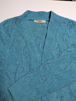 WoolOvers Women's Medium Cableknit Wool Cardigan Sweater Blue Green Teal, 100% Lambswool, new wool