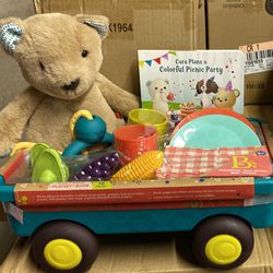 Picnic Teddy Bear Set, With Book, Wagon, And Place Settings