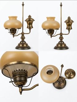 Vintage Brass Student / Banker Table Lamp with Amber Glass Shade