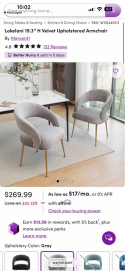 2 (set of )Velvet armchairs “Lokelani” 19.3”H NEW IN BOX
