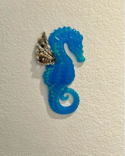 Pretty Blue Epoxy Seahorse w/ Seashells
