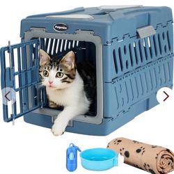 Petprsco Large Cat Carrier Hard, Plastic Portable Dog Crate 22" Blue