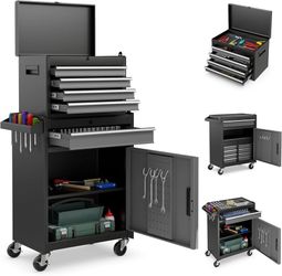 Tool Chest, 5-Drawer Rolling Cabinet with Detachable Top Toolbox, Lockable Wheels, Lock Bar, Protective Liner & Tool Rack, Metal Storage Cart for Gara