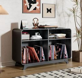 New and assembled   Record Player Stand with Vinyl Storage Cabinet with Charging Station & USB Ports, Turntable Stand Table Holds Up to 350 Albums, Cu