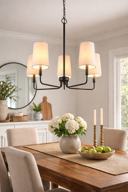 Black Farmhouse Chandelier – 5 Light Dining Room Fixture with Fabric Drum Shades