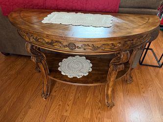 Decorative Half-Moon Sofa Table with Doily – $50 FIRM