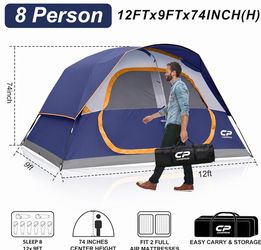8 Person Camping Tents, Waterproof Windproof Family Tent with Larger Mesh Windows & Door, Double Layer, Easy Set Up, All-Season Dome Tent with Top Rai