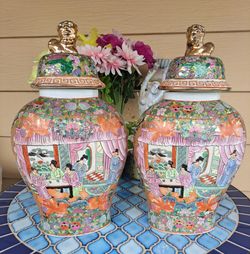 Vintage Chinese porcelain rose medallion baluster jars with lids