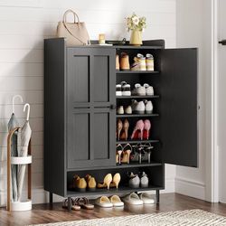 Shoe Cabinet with Cross Molding Doors, 6-Tier Shoe Storage Cabinet with 3 Adjustable Shelves and Metal Legs, 45'' Tall Shoes Rack Organizer Cabinet fo