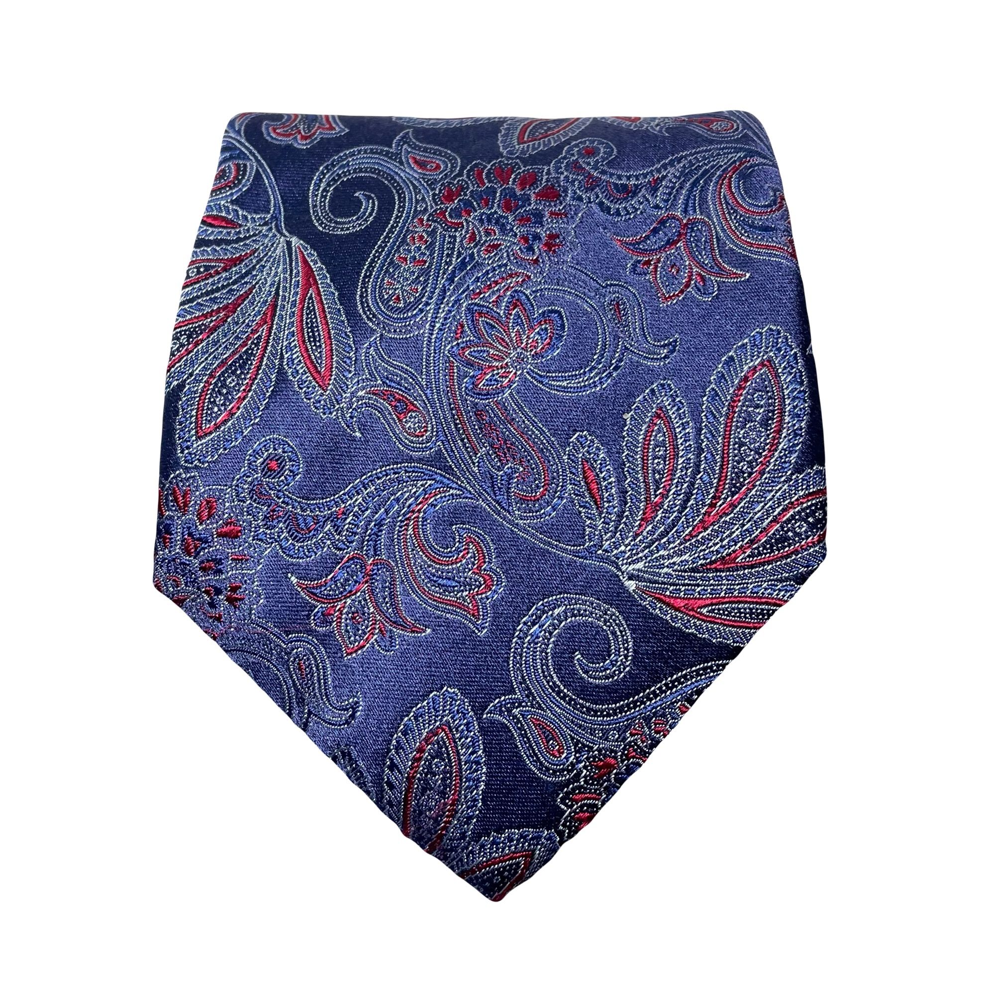 Canali 100% Silk Necktie Paisley Red Florals Blue Background Jacquard - 3.6" W