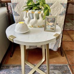 Accent Table With Faux Marble Top And Gold Metal Base