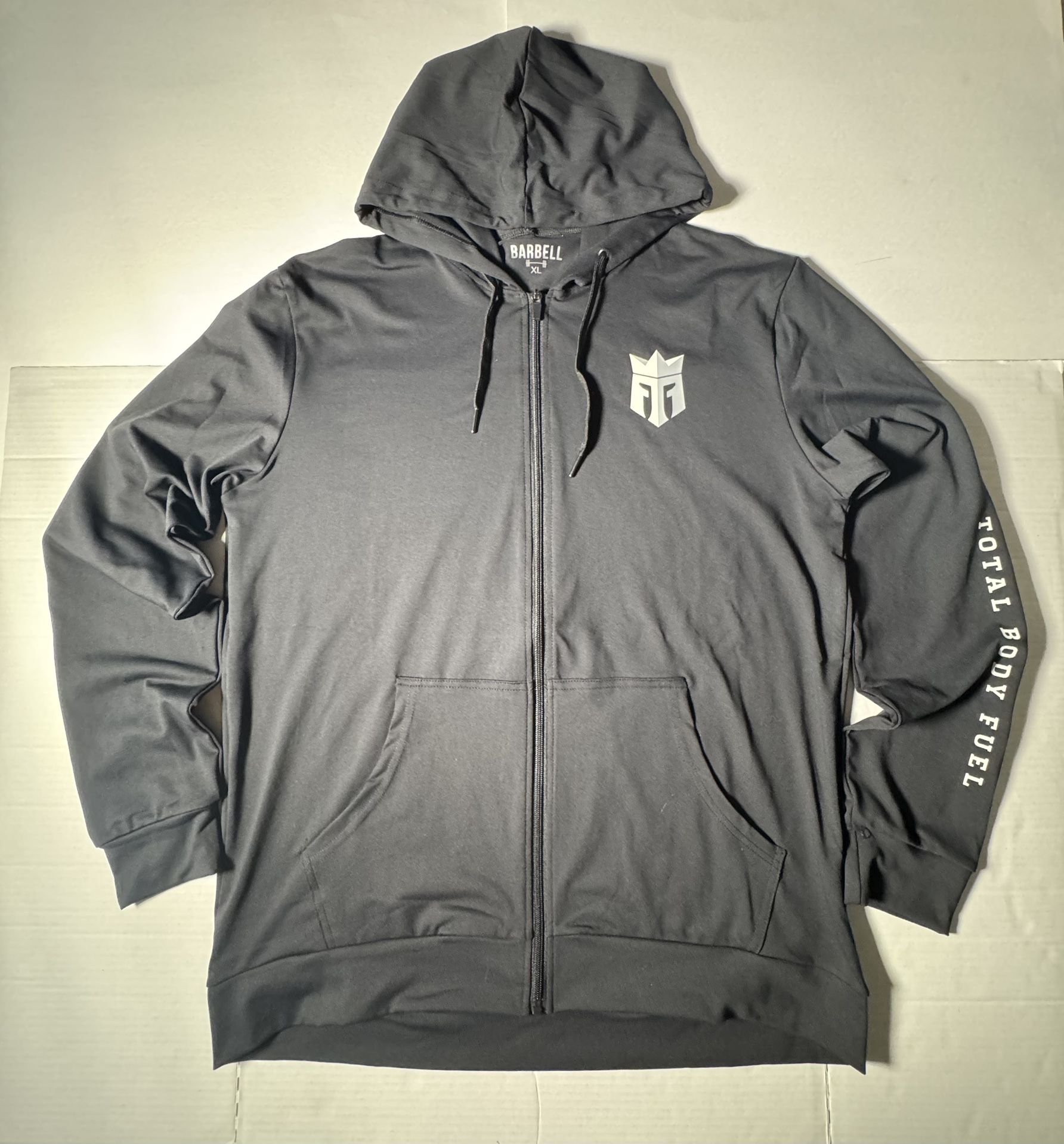 Pre Owned Excellent Reign Total Body Fuel Energy Barbell Full Zip Hoodie Printed Black Men Size XL