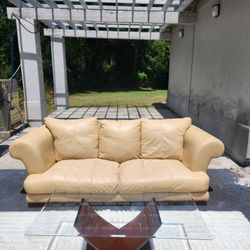 Beige Leather Sofa Couch W/ Center Table And Carpet **Free Delivery **