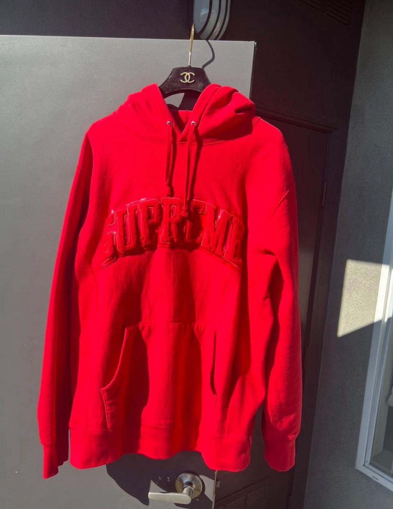 Supreme Patent/Chenille Arc Logo Hooded Sweatshirt (FW17)