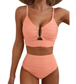 New Women’s Peach and Gold accent Bikini 2 pcs Set Tummy Control Size Large