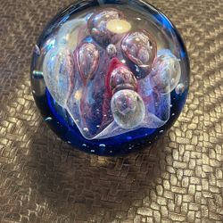 Vintage Dynasty Gallery Art Glass Paperweight Cobalt Blue Pink White Bubbles