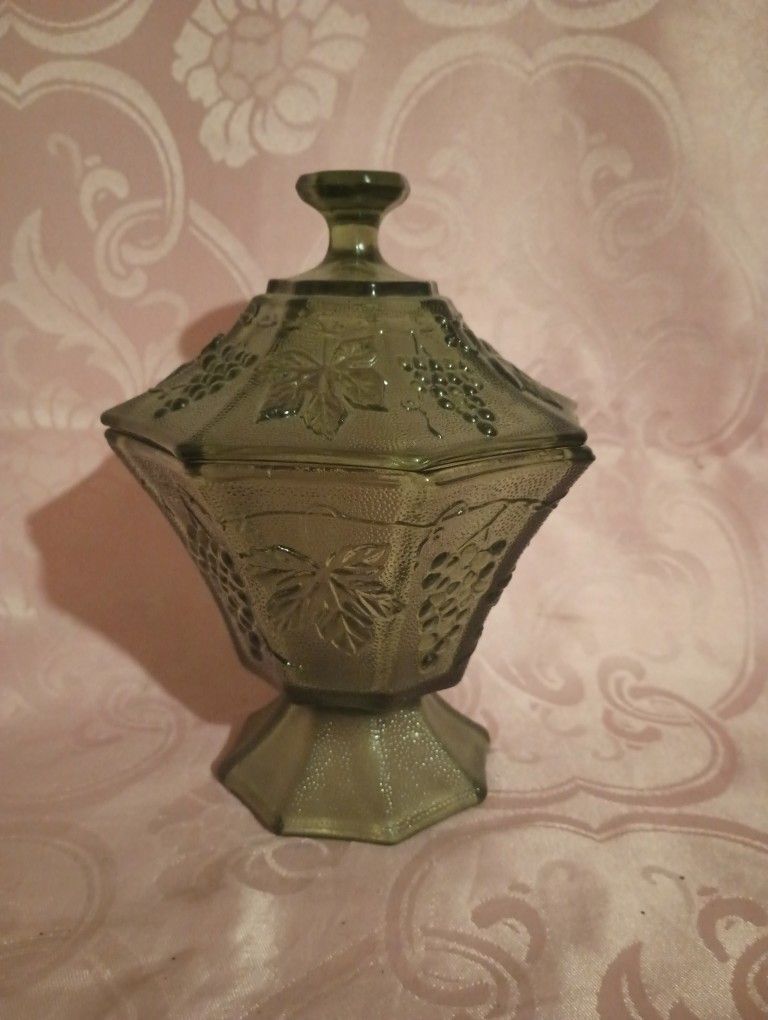 Vintage Olive Green Anchor Hocking Candy Dish On Pedestal 