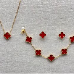 Red Clover Necklace with Bracelet and Earrings 