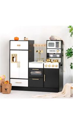 Wooden Play Kitchen Set for Kids – Interactive Pretend Toddler Kitchen Playset with 12 Kitchen Toy Accessories, Perfect for Ages