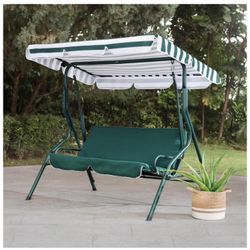 Outdoor Patio Swing Chair, 2-Seat Steel Porch Swing with Adjustable Tilt Canopy and Removable Cushion, Green & White