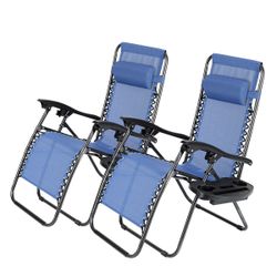 Zero Gravity Chairs Recliner Lounge Outdoor Patio Lawn Chairs with Cup Holder Trays Set of 2 Blue