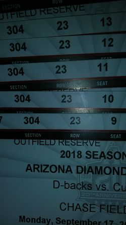 6 upper level. Dbacks vs Cubs tonight. $20 ea