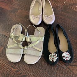 Pairs of 3 Gold Sandals and Black Flats with Pink Ballet Flats Size 2