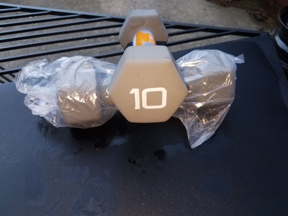 Weights; two NEW 10 lb neoprene dumbbell weights; may have minor scratches or scuffs due to storage -$45
