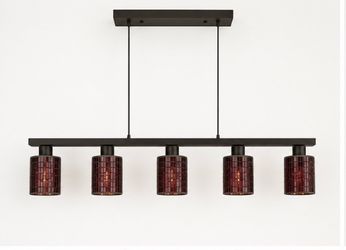 Designer 5-Light Linear Pendant Chandelier | Bronze Finish | Red Mosaic Glass | 44” Kitchen Island Light