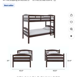 Better Homes & Gardens Leighton Solid Wood Twin-over-Twin Convertible Bunk Bed, Mocha