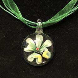 Green Glass Flower And Butterfly Pendant Necklace 