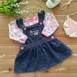 12MOS 2-PIECE SET DARK BLUE CHAMBRAY OVERALL 'LOVE' DRESS W/PINK & BLUE FLORAL LONG-SLEEVE 