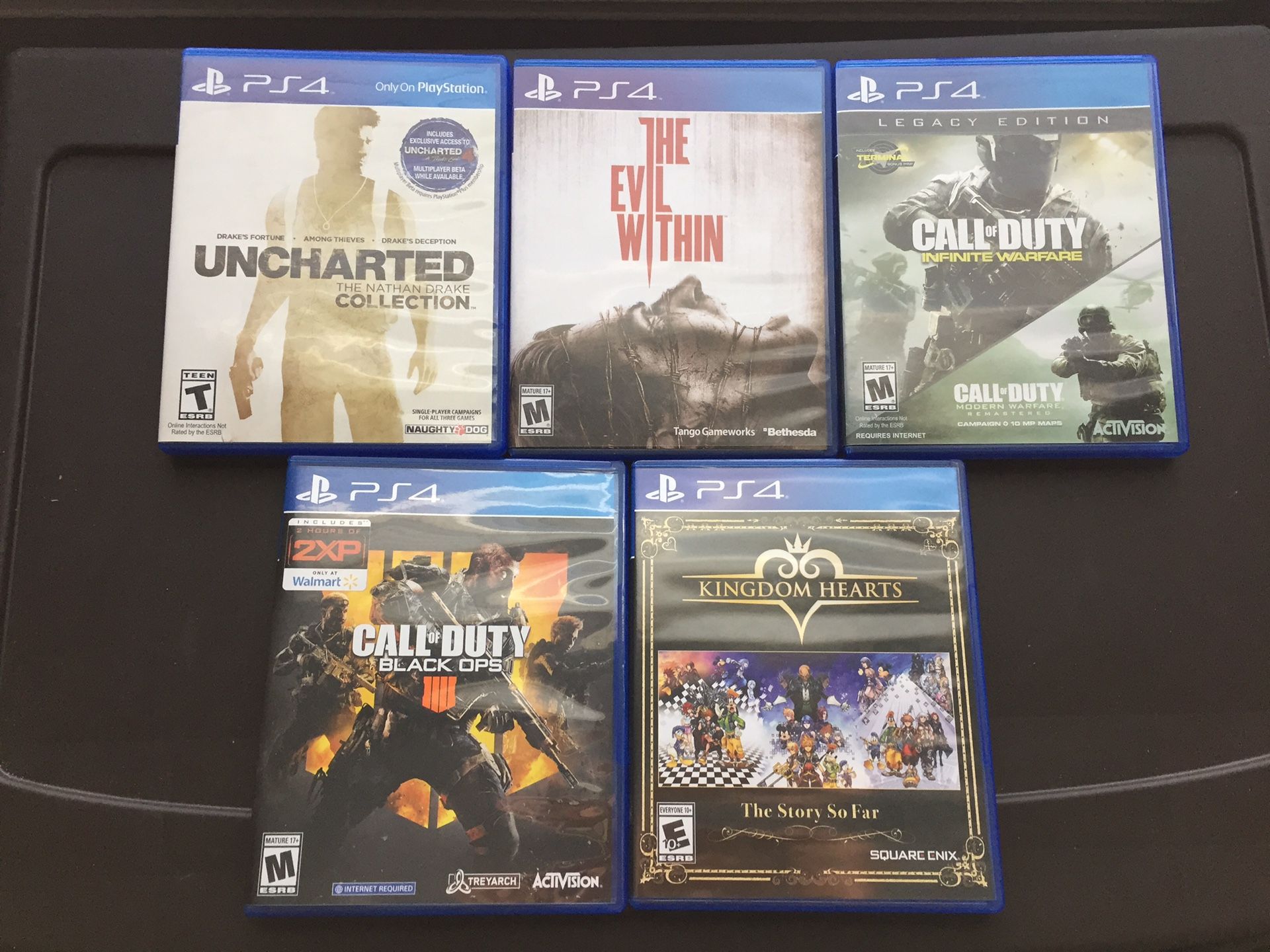 PS4 games Black Ops 4, Kingdom Hearts, Call Of Duty, Uncharted and Evil Within