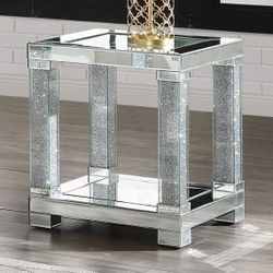 GLAM Mirrored Square End SIDE Table with Bottom Shelf MIRRORED FAUX DIAMONDS BLING / MESA DE LADO VIDRIO