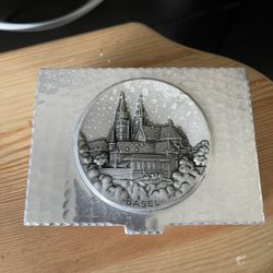Vintage Antique Trinket Or Cigarette box 1-1/2 Tall 4-1/2 Wide By Sigg Switzerland Silver Pewter Wooden Base 