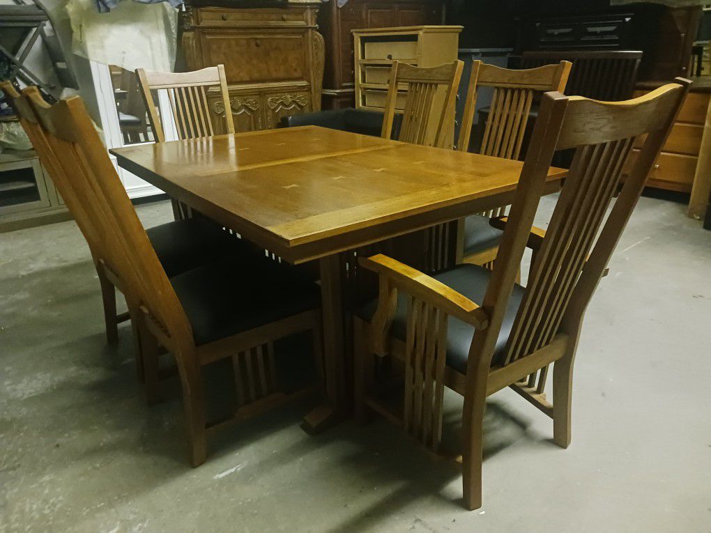 Solid Light Cherry Wood / Black Leather Dining Room Table Set